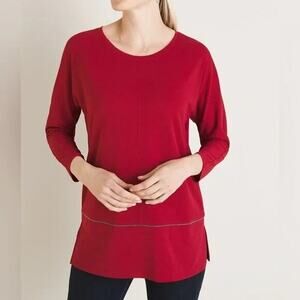 Chico's Mesh Hem Tunic Top Size XL / 3 16/18 Deep Cherry Red Stretch 3/4 Sleeve